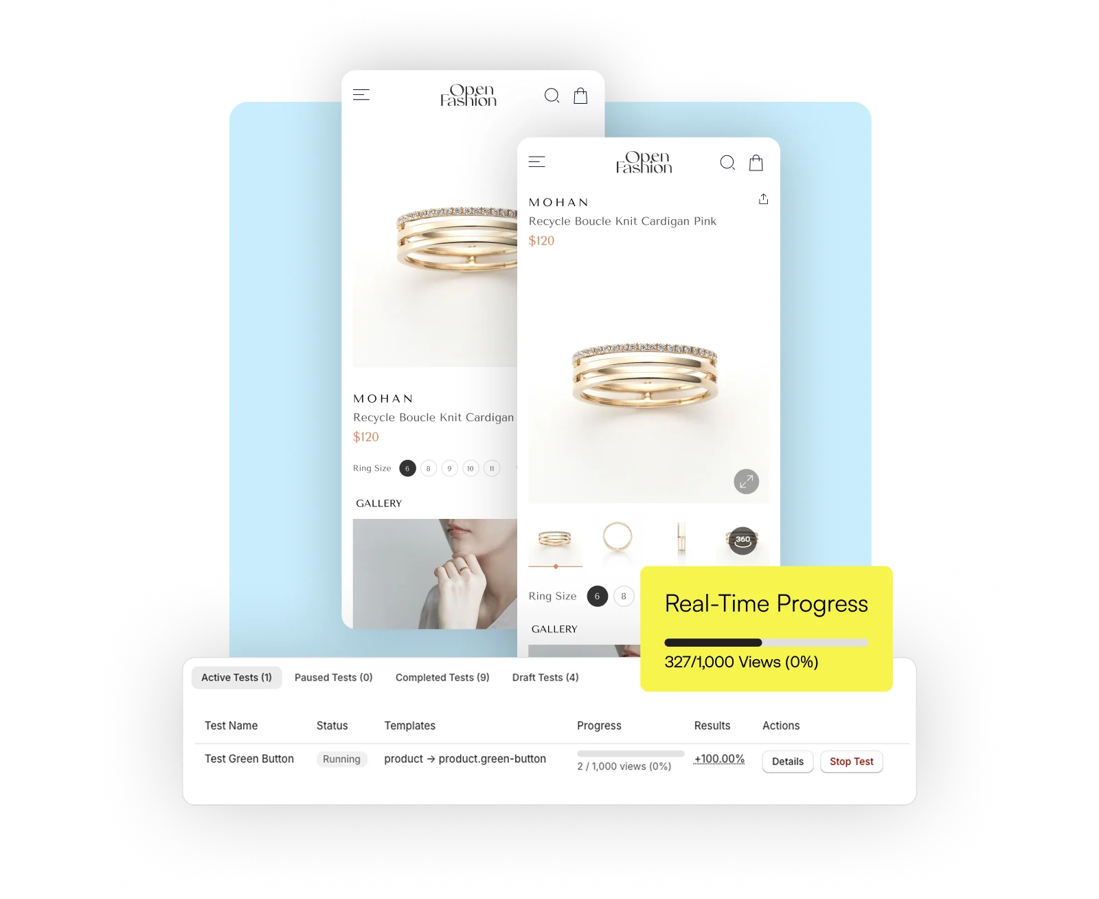 Two mobile product pages being A/B tested with real-time test progress in Atchoo